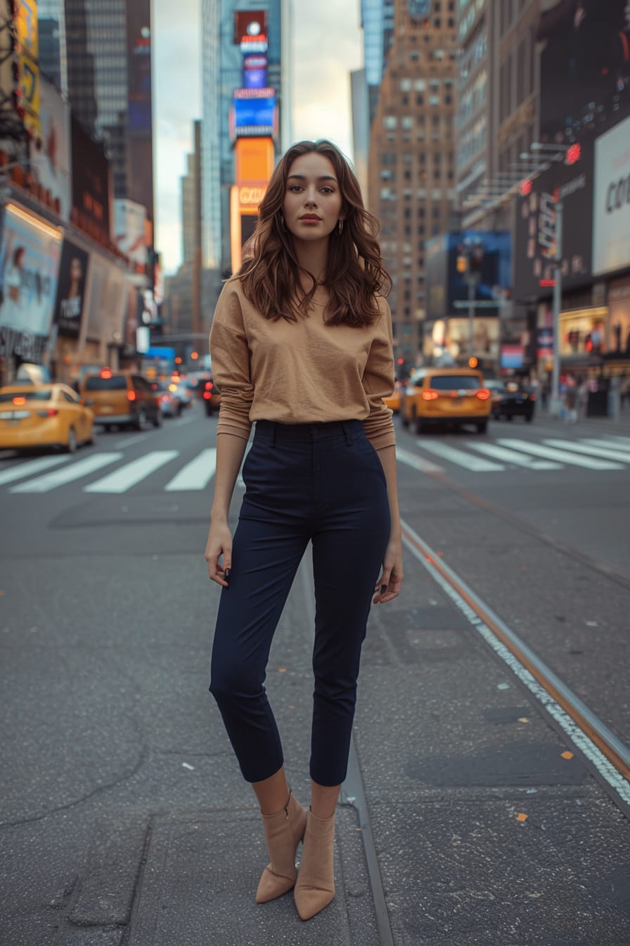  A full-length image of a young woman with medium-length brunette hair, wearing cropped navy blue pants paired with tan ankle booties. She stands on a bustling city street, early evening.