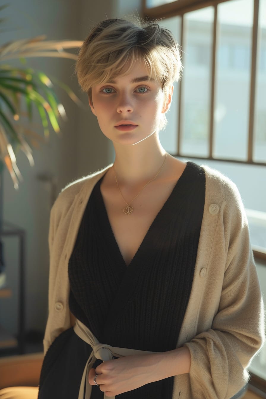  A full-length image of a young woman with short blonde hair, wearing a black, fitted knit dress with a thin belt, holding a light beige cardigan, in a casual office lounge, soft afternoon light.