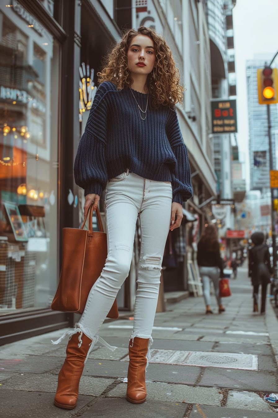  A full-length image of a young woman with curly brown hair, wearing white jeans paired with a chunky navy blue sweater, ankle leather boots, and holding a caramel-colored tote bag. She's standing on a bustling city street, surrounded by the glow of shop windows, late afternoon.