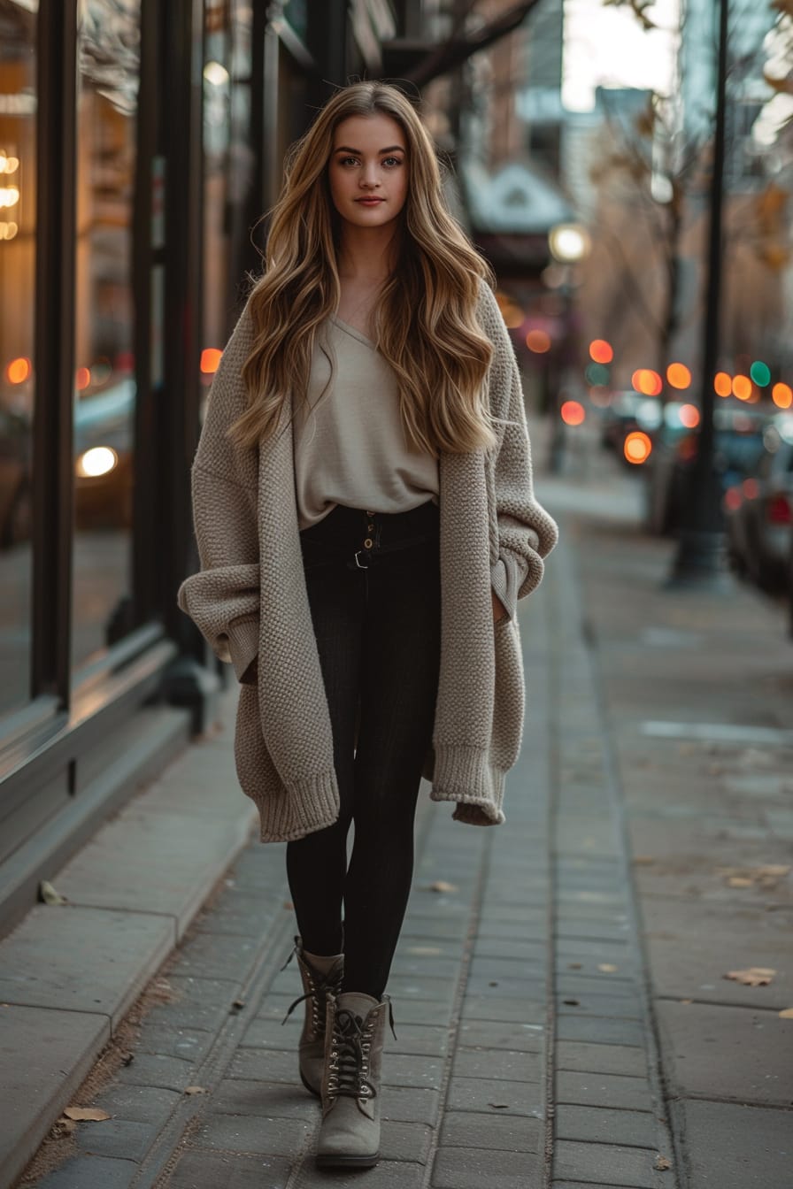  A full-length image of a young woman with long light brown hair, wearing grey ankle boots, black leggings, and an oversized beige cardigan. She's walking on a city sidewalk, dusk.