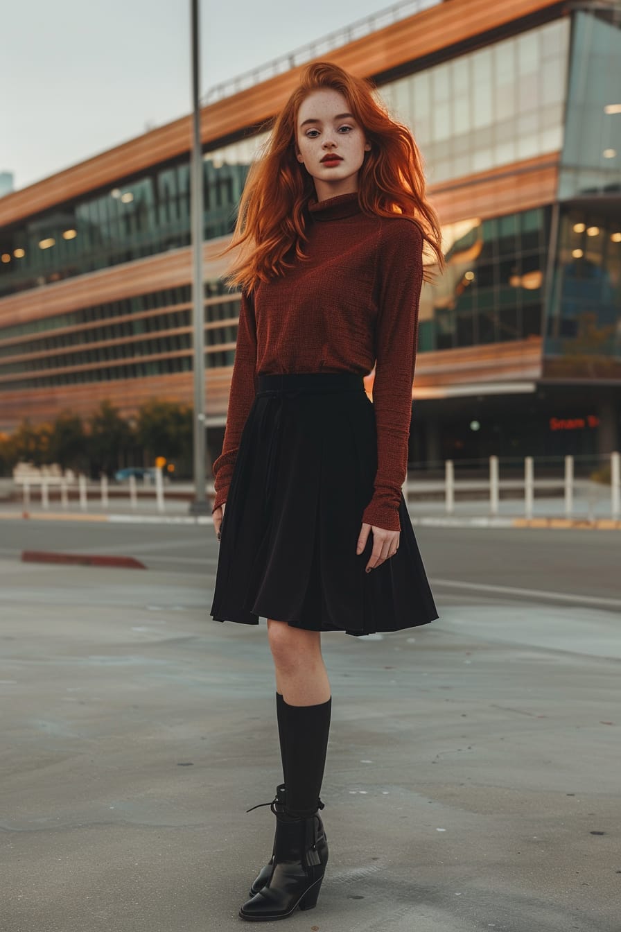  A full-length image of a young woman with red hair, wearing black ankle boots with a slight heel, a black skirt, and a burgundy blouse. Background shows an urban street with modern architecture, early evening.