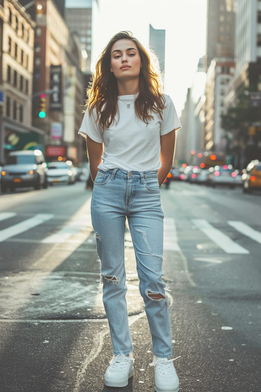  A full-length image of a young woman with wavy brunette hair, wearing white chunky sneakers, light blue denim jeans, and a casual white t-shirt, standing on a bustling city street, late afternoon sunlight.