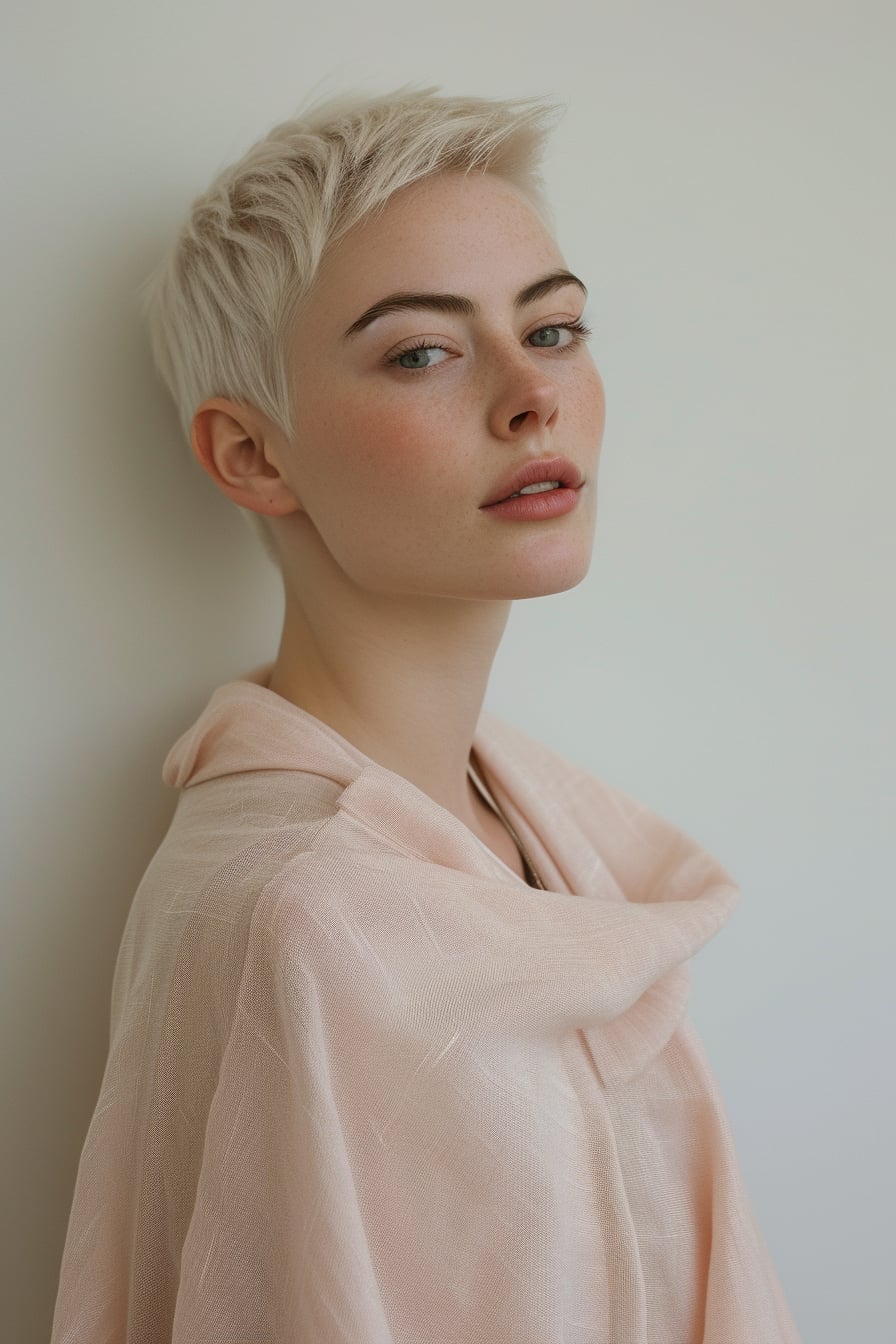  A young woman with short, pixie-cut platinum blonde hair, wearing a pastel pink cape, standing against a minimalist, white background, soft natural light, afternoon.