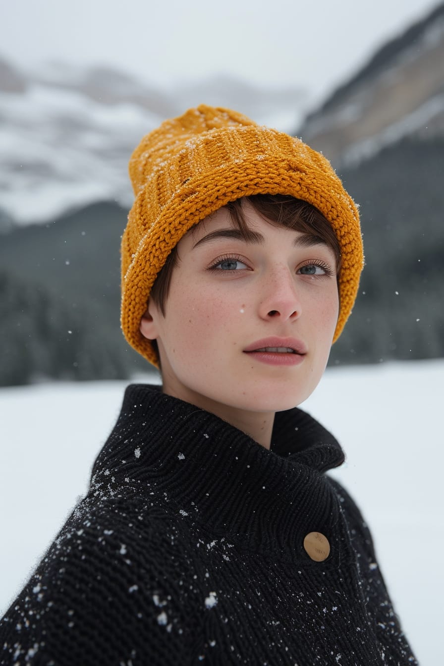  A young woman with short, pixie-cut hair, wearing an oversized beanie in a bright mustard yellow, against a snowy mountain background, late afternoon.