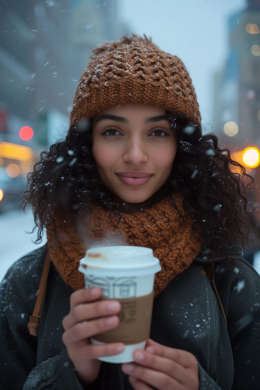  A young woman with curly hair, wearing a cable knit beanie in a rich chocolate brown, holding a steaming cup of coffee, snowy street background, dusk.