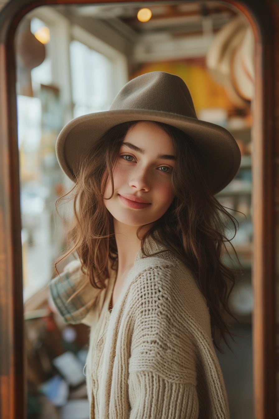  A young woman, smiling as she tries on a classic, elegant hat in front of a mirror in a thrift store, soft afternoon light enhancing the warm ambiance.