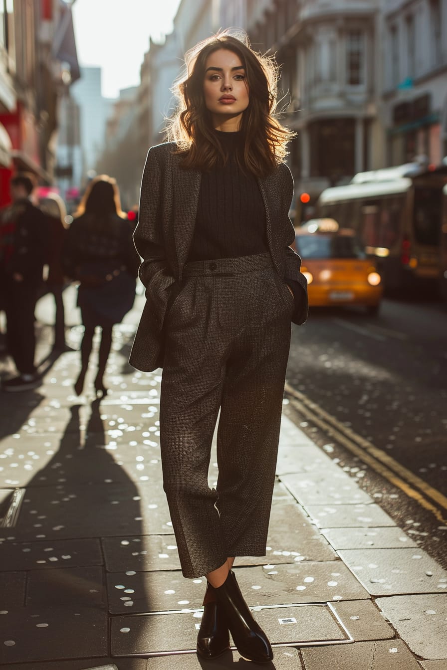  A full-length image of a young woman with shoulder-length brunette hair, wearing high-waisted, charcoal grey trousers paired with glossy black ankle boots. She's standing on a bustling city street, with the soft glow of a late afternoon sun casting long shadows.
