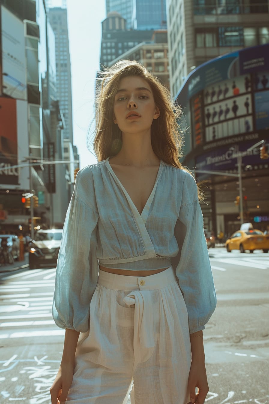  A full-length image of a young woman with sun-streaked hair, wearing crisp white linen pants paired with a light blue cotton blouse, standing on a bustling city street, morning light.