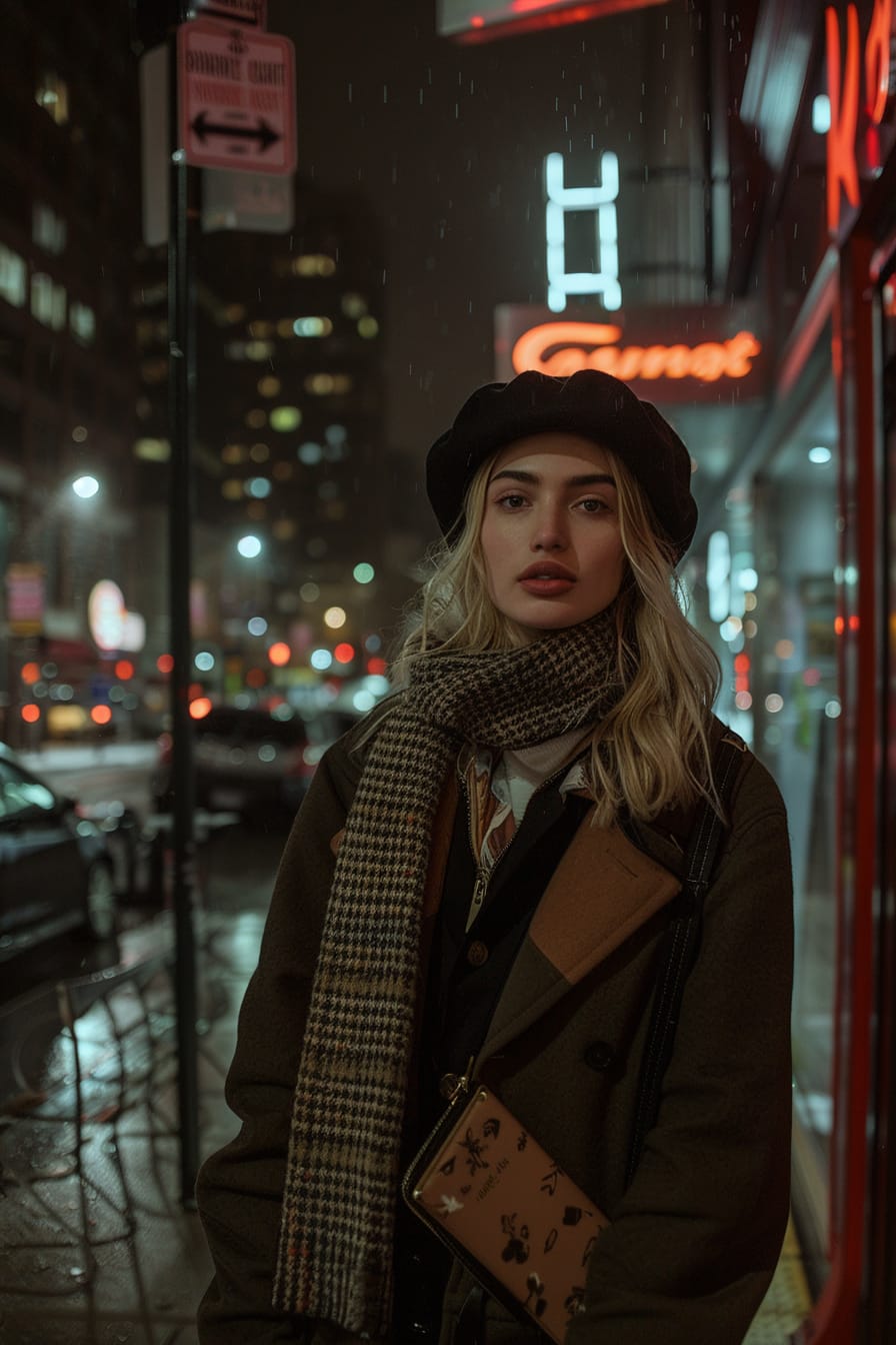  A full-length image of a young woman with medium-length blonde hair, wearing a black beret, a chunky scarf, and holding a clutch, standing on a city sidewalk at night, illuminated by the glow of nearby shop windows.