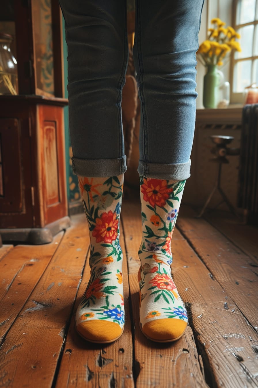  A close-up image of a young woman's feet, adorned with bright, patterned statement socks, standing on a vintage wooden floor, soft natural light filtering through a nearby window.
