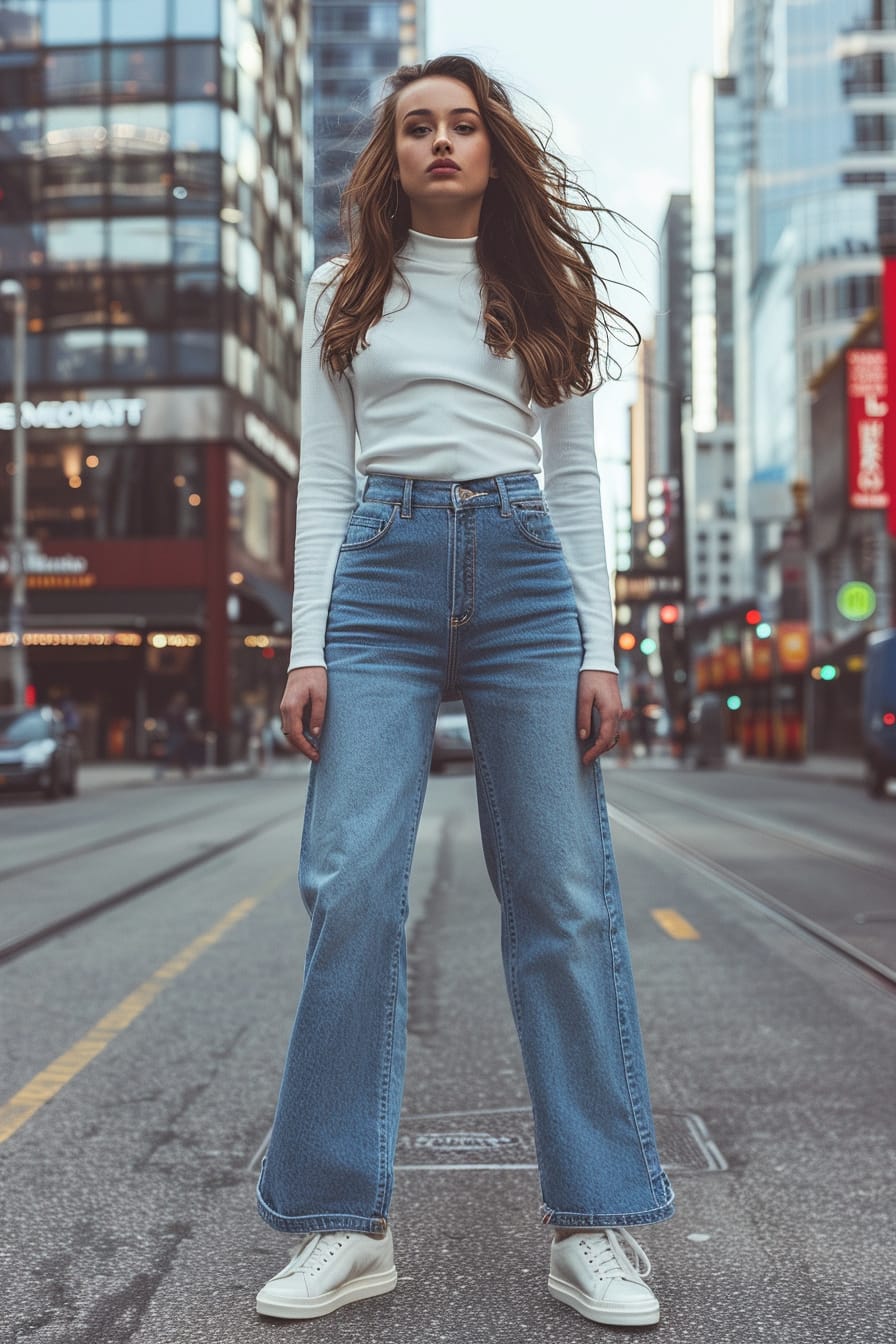  A full-length image of a young woman with wavy brunette hair, wearing high-waisted wide-leg jeans and white sneakers, standing on a bustling city street, late afternoon.