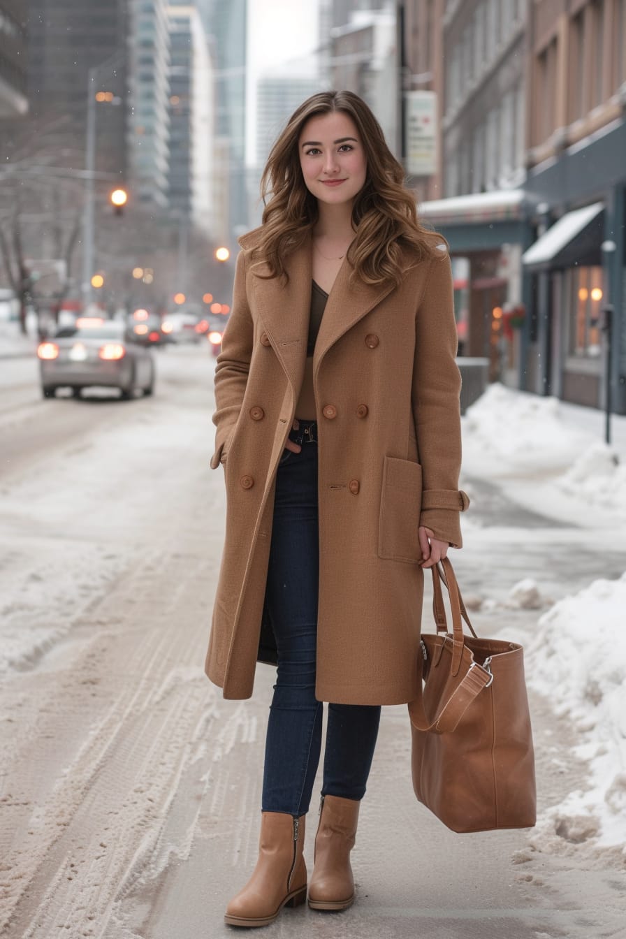 A full-length image of a young woman with wavy brunette hair, wearing a camel wool coat, dark blue skinny jeans, and tan ankle boots, holding a matching tan leather tote bag, standing on a snowy city street, early evening.