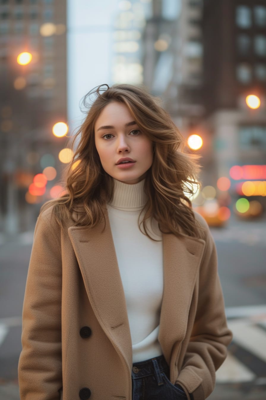  A full-length image of a young woman with wavy brunette hair, wearing a camel wool coat over a white turtleneck and dark jeans, standing on a city street, early evening, soft street lights illuminating the scene.