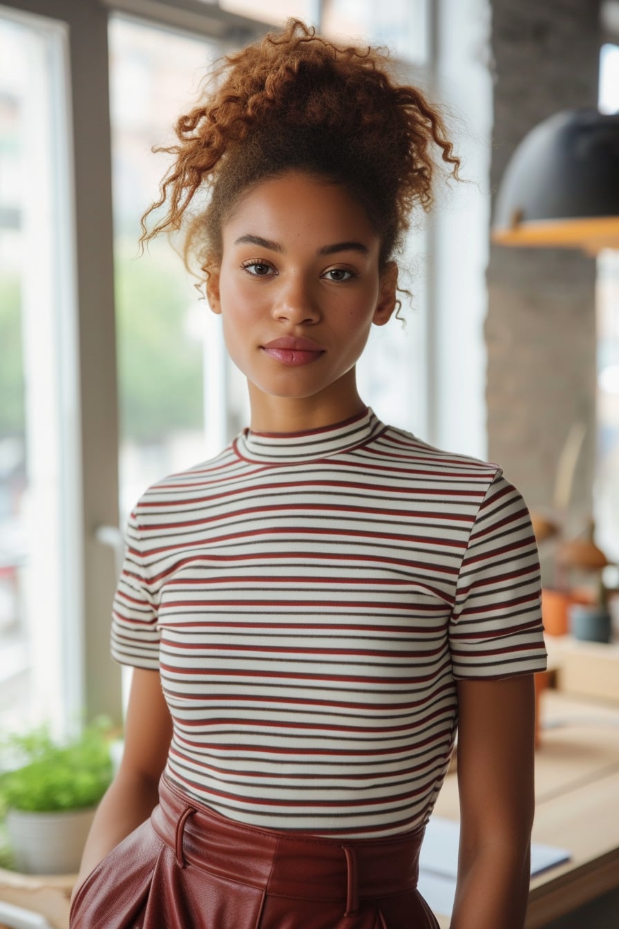 A young woman with a confident stance, wearing a burgundy leather midi skirt and a striped tee, in an office setting, natural light from a nearby window.