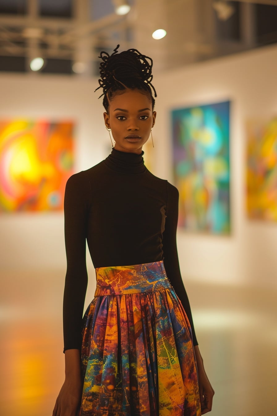  A young woman with an introspective look, wearing an abstract-print midi skirt and a black turtleneck, standing in an art gallery, soft lighting highlighting the colors of her outfit.