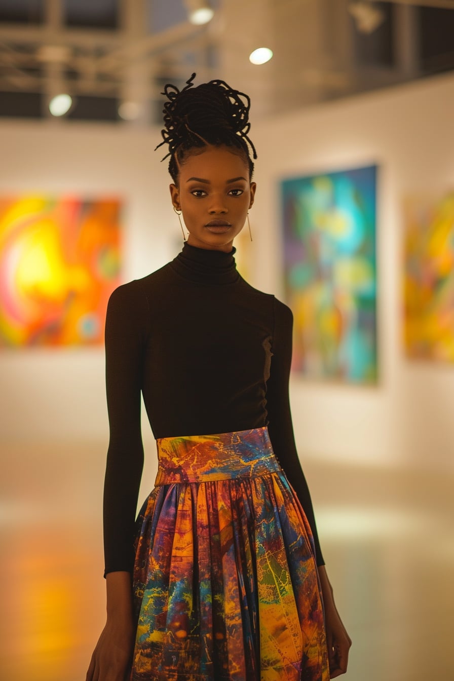 A young woman with an introspective look, wearing an abstract-print midi skirt and a black turtleneck, standing in an art gallery, soft lighting highlighting the colors of her outfit.