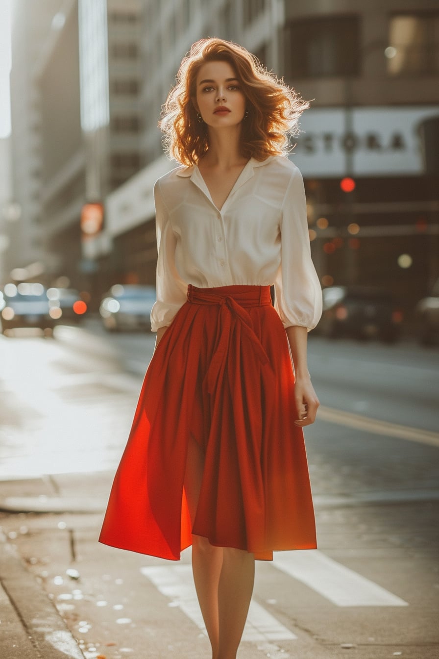  A young woman with soft curls, wearing a vibrant red midi skirt paired with a crisp white blouse, standing confidently on a bustling city street, morning light.