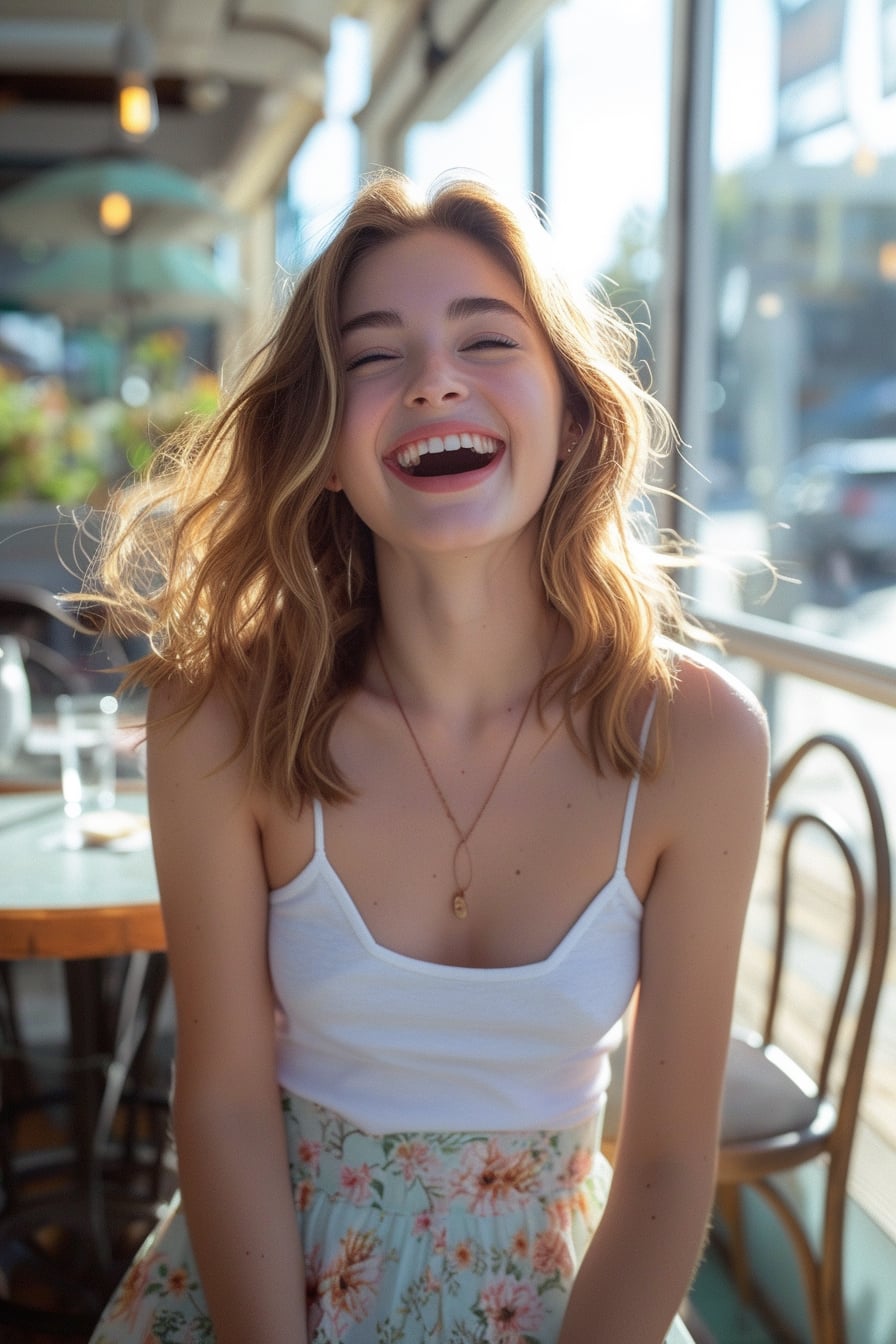  A young woman laughing, light brown hair cascading over her shoulders, in a pastel floral midi skirt and white tank top, seated at a café terrace, sunlight filtering through.