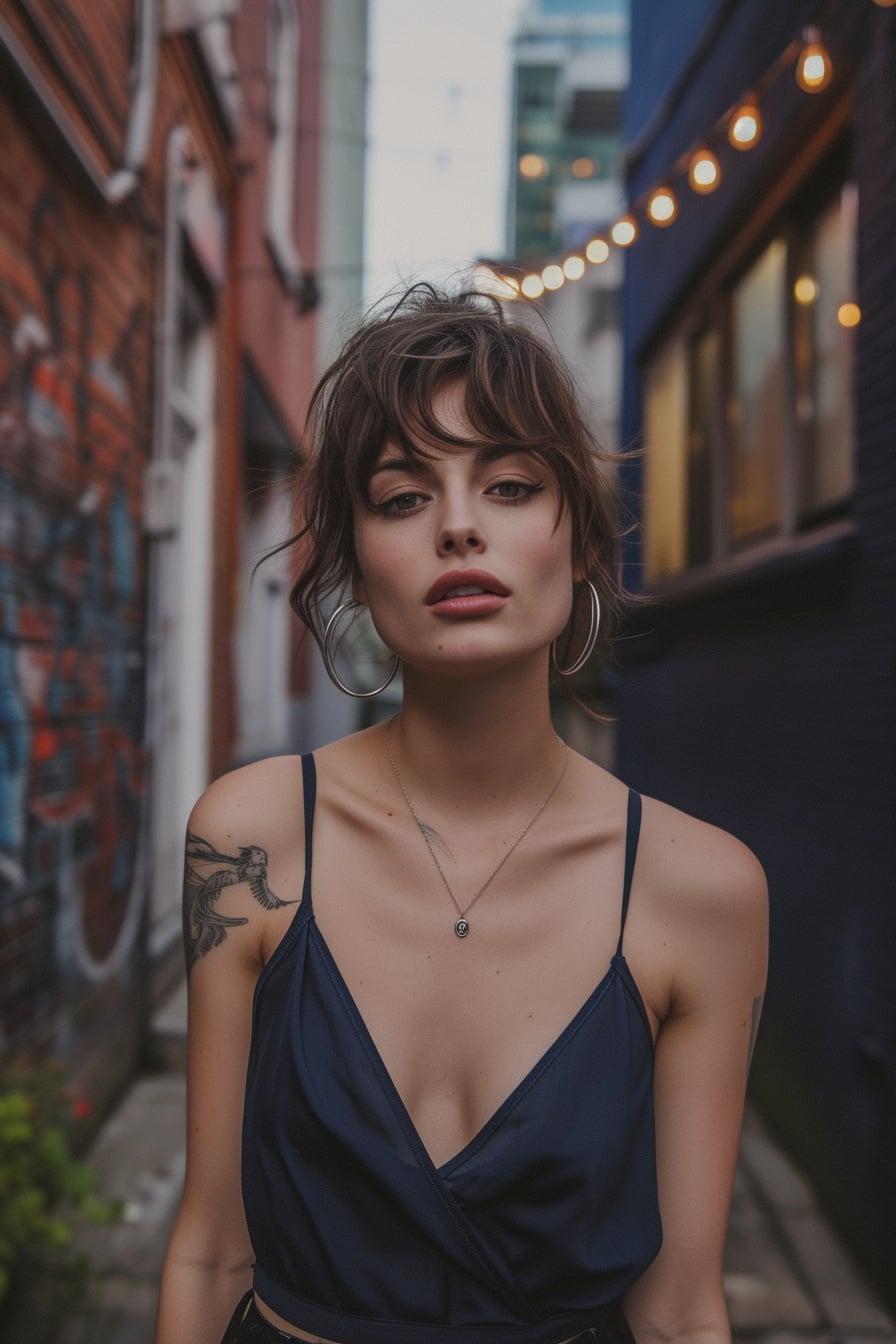 A young woman with a pixie cut and silver hoop earrings, wearing a navy blue slip dress, with black combat boots, standing in an urban alley, dusk.