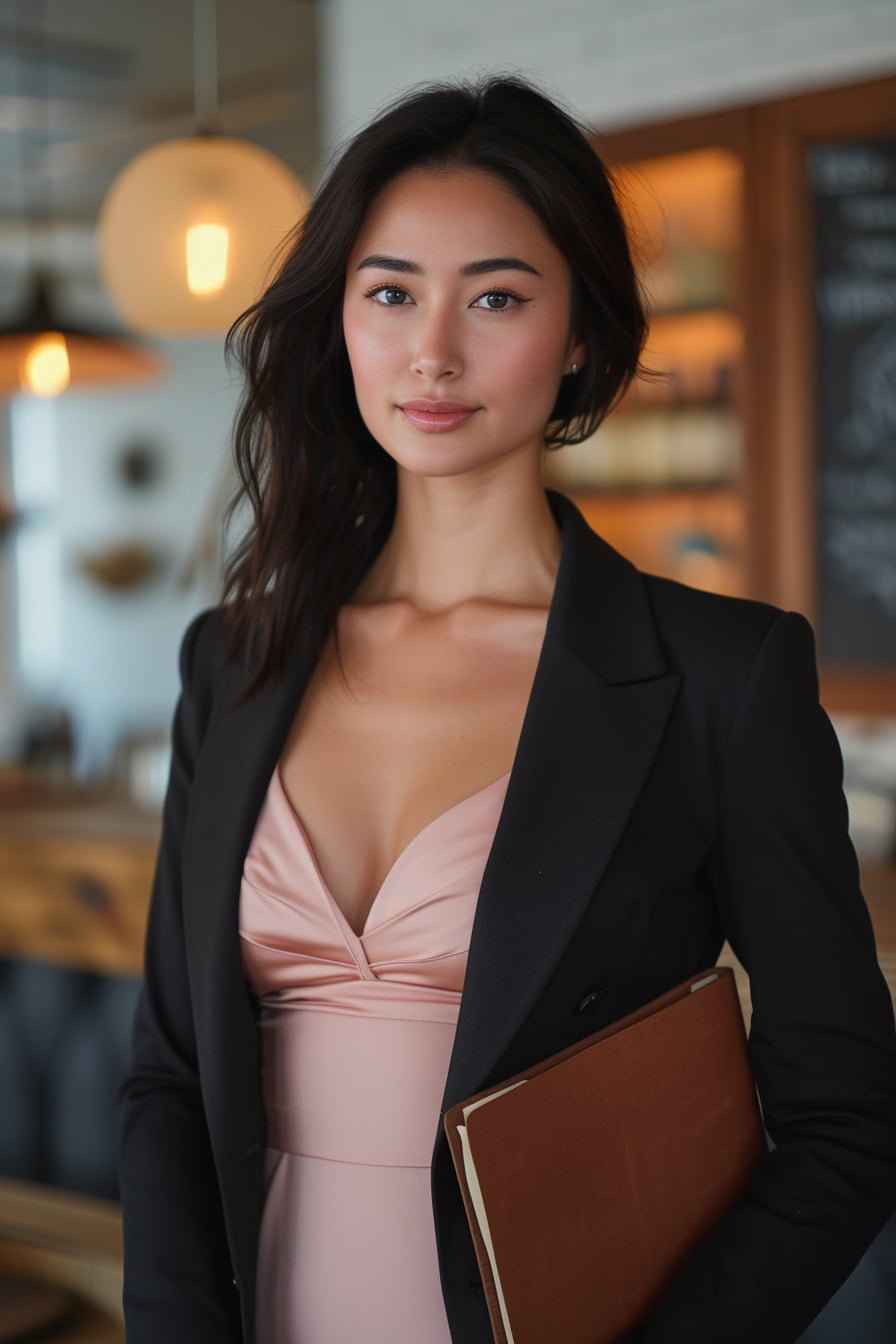 A young woman with sleek black hair, wearing a blush pink slip dress under a tailored black blazer, holding a leather-bound notebook, in a modern café, late afternoon.