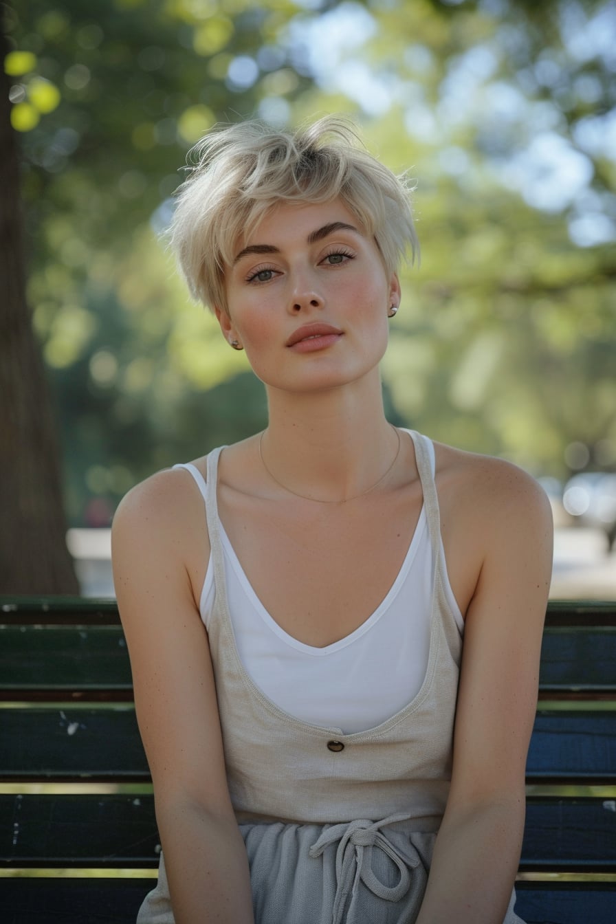  A woman with short blonde hair, wearing a light gray slip dress over a white fitted t-shirt, sitting on a park bench, mid-morning.