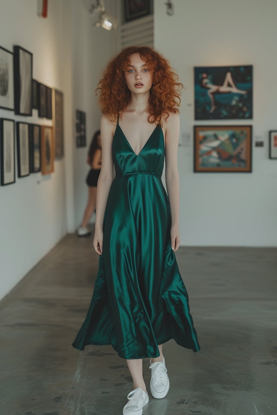 A full-length image of a young woman with curly red hair, wearing a satin emerald green slip dress, with white sneakers, walking through an art gallery, afternoon.