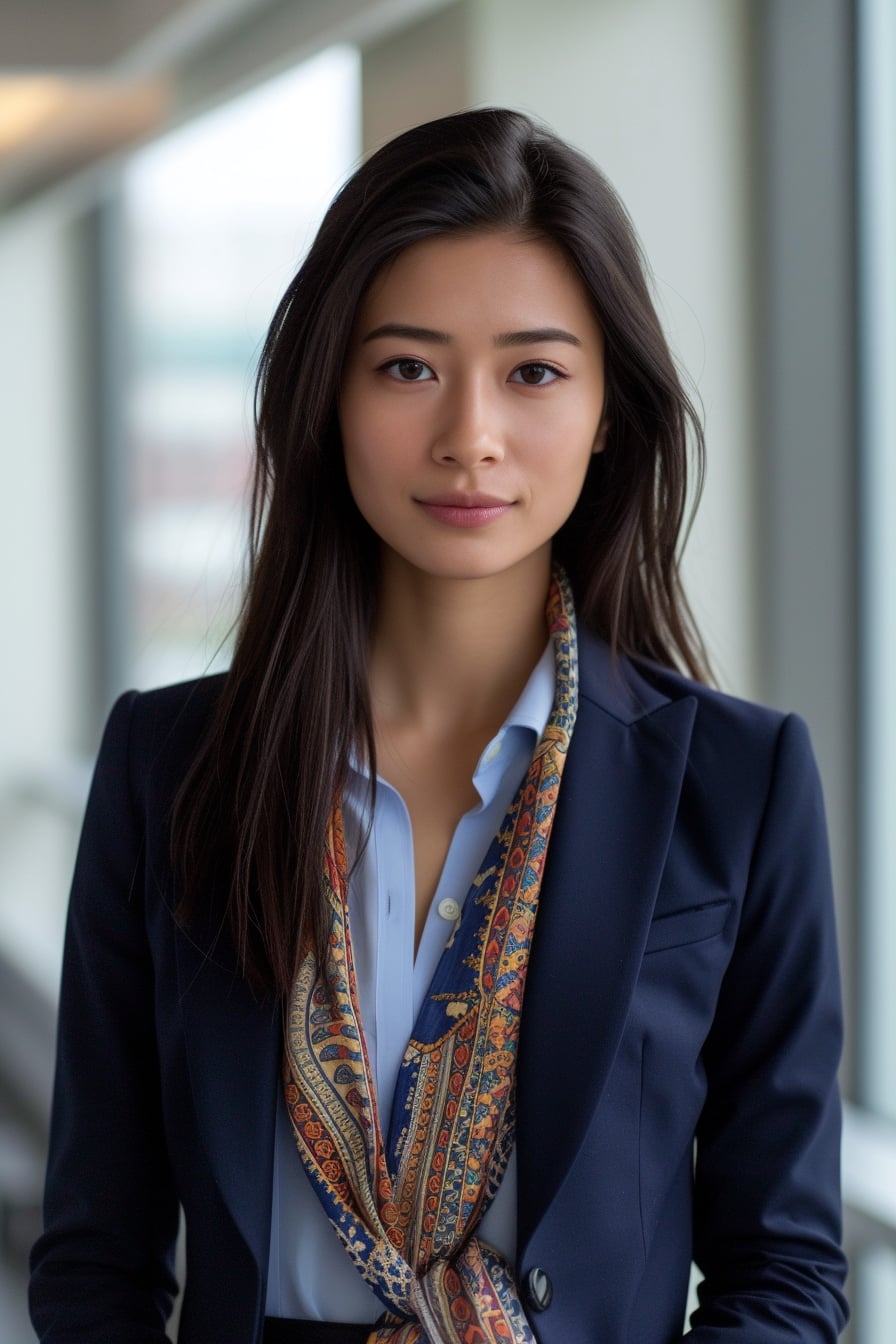  A young woman with sleek black hair, wearing a navy blue blazer, light blue button-down shirt, and a slender, patterned silk scarf, standing in a modern office setting, natural light from large windows.