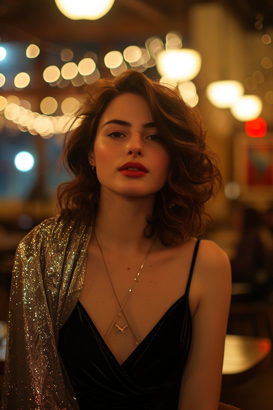  A young woman with soft curls, wearing a black cocktail dress and a silver sequined scarf draped over her shoulders, standing in a dimly lit restaurant, evening.