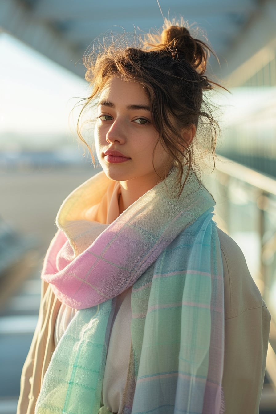  A young woman with a messy bun, wearing leggings, a loose-fitting white T-shirt, and a large, pastel-colored pashmina scarf wrapped around her shoulders, standing in an airport, early morning light.