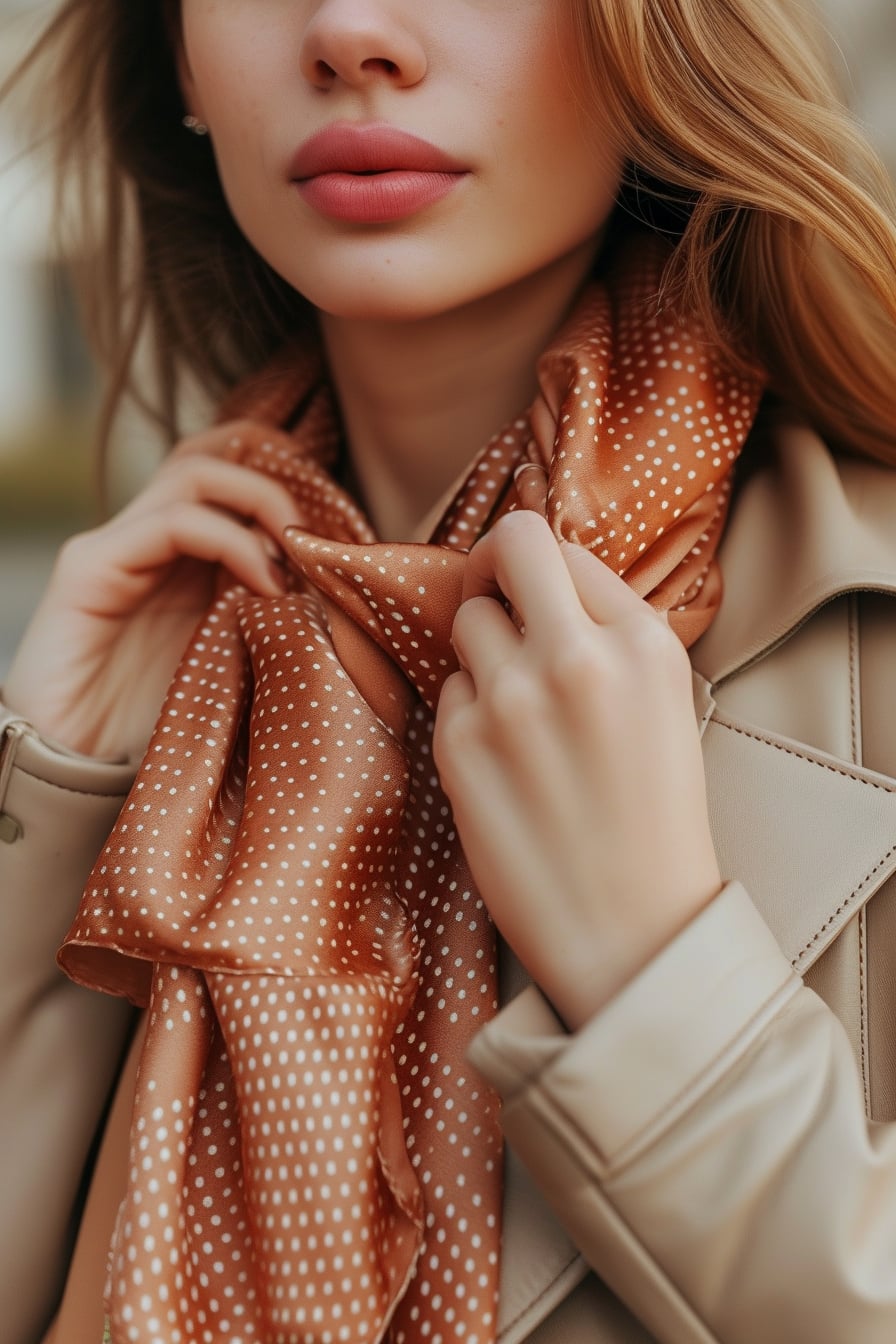 A close-up image of a young woman with manicured hands, tying a small, polka-dot silk scarf around the handle of a tan leather tote bag, bright outdoor setting.