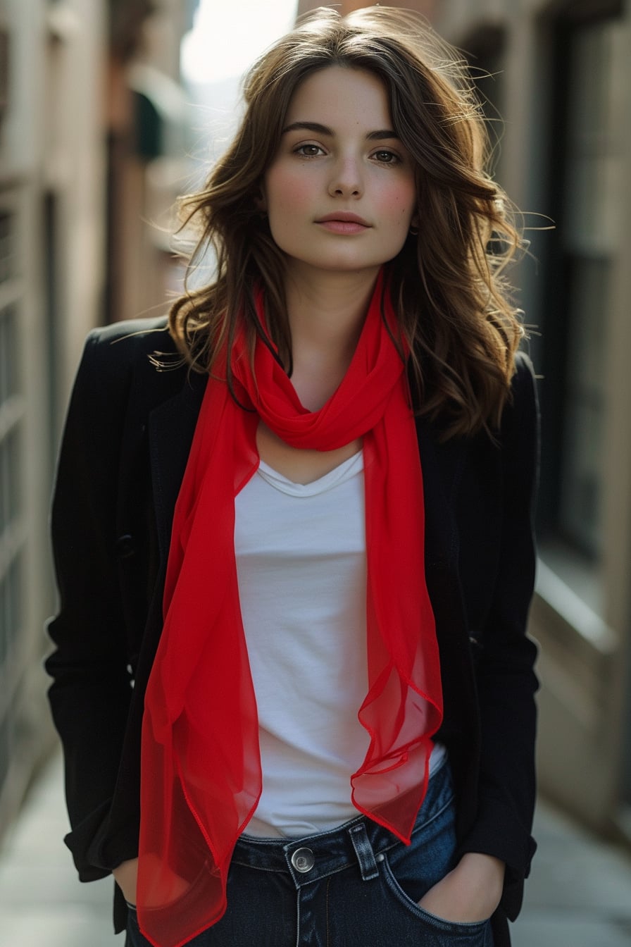  A full-length image of a young woman with wavy brunette hair, wearing a classic black blazer, white T-shirt, and jeans, accentuated with a bright red silk scarf tied loosely around her neck, standing in an urban alley, morning light.