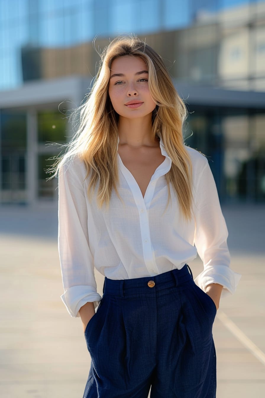 A full-length image of a young woman with sleek blonde hair, wearing navy blue linen pants and a crisp white button-down shirt, standing in front of a modern office building, morning.