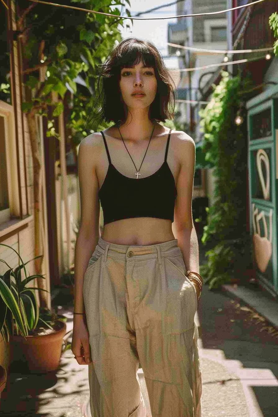 A full-length image of a young woman with short black hair, wearing beige linen pants and a cropped black tank top, standing in a narrow alley with hanging plants, soft afternoon light.