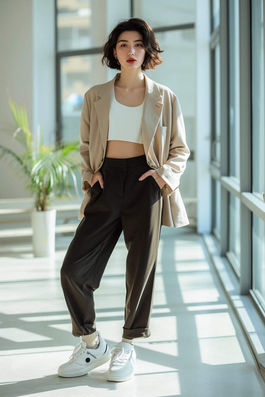 A young woman with short black hair, wearing a tailored beige blazer, white crop top, high-waisted black trousers, and white chunky sneakers, standing in a modern office setting, natural light from large windows.