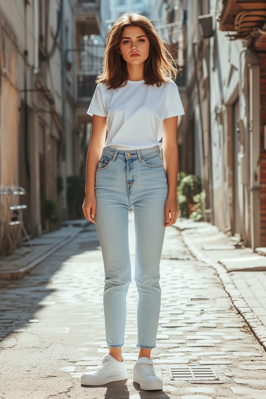 A full-length image of a stylish young woman with shoulder-length brunette hair, wearing white chunky sneakers, light blue denim jeans, and a crisp white t-shirt, standing in a sunlit urban alleyway, morning.