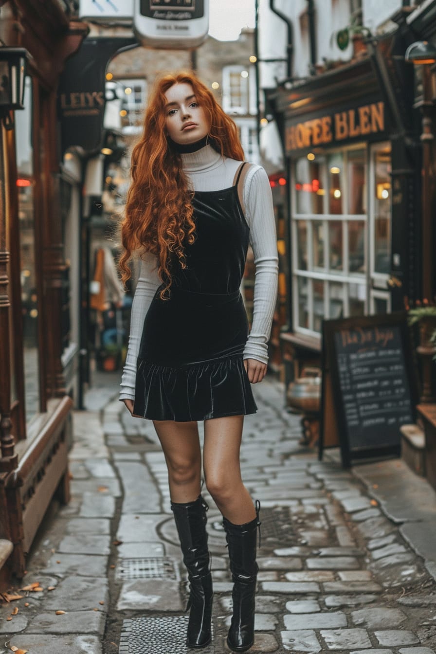  A full-length image of a young woman with long, curly red hair, wearing a classic '90s inspired outfit: a black velvet dress over a white long-sleeve T-shirt, paired with black ankle boots. She's standing in a narrow city street, quaint coffee shops and boutiques lining the sidewalk, under the soft light of the late afternoon.