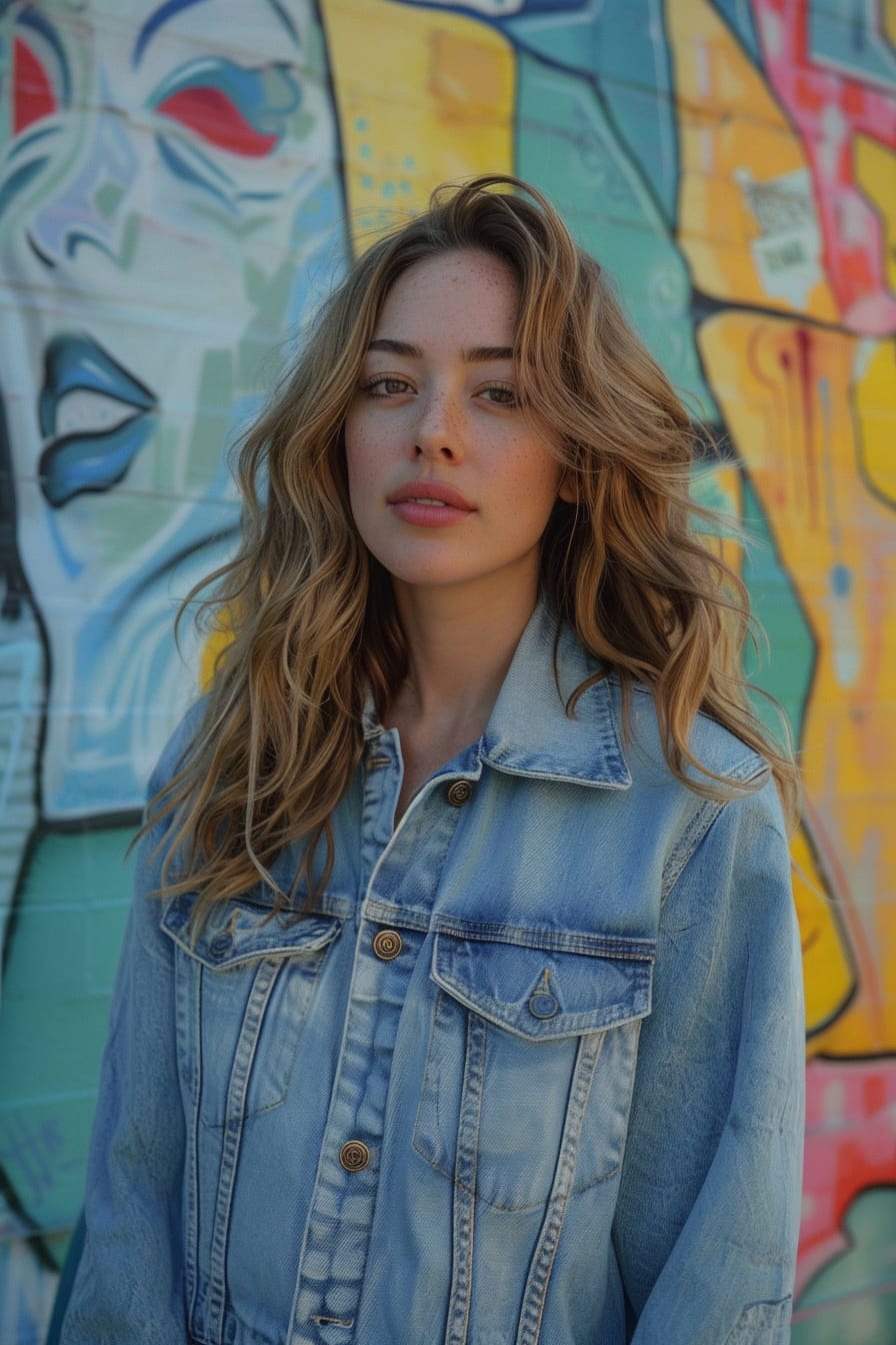 A full-length image of a young woman with wavy, blonde hair, wearing a light-wash denim jacket over a dark denim jumpsuit. She's standing in front of a vibrant mural on a city street, the early evening sun casting a warm glow on her.