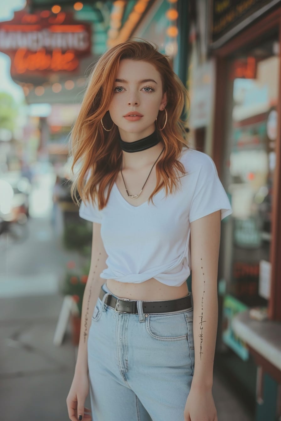 A full-length image of a young woman with mid-length auburn hair, wearing a simple white T-shirt and light blue jeans, accessorized with a black velvet choker, large hoop earrings, and black platform shoes. She's standing on a city sidewalk, vibrant storefronts in the background, during a bright midday.