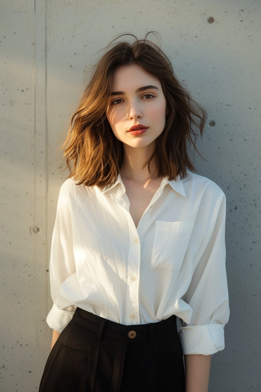  A young woman with shoulder-length brown hair, wearing a crisp white button-down shirt, tucked into high-waisted black trousers, minimalist urban setting, morning light.