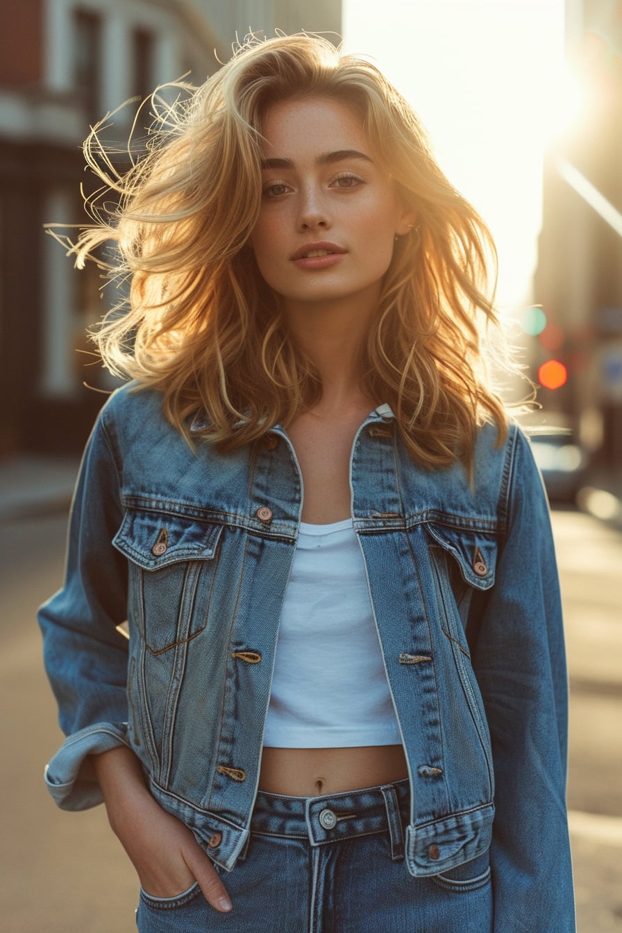  A young woman with wavy blonde hair, sporting a classic blue denim jacket and slim-fit jeans, standing on a quiet city street, golden hour.