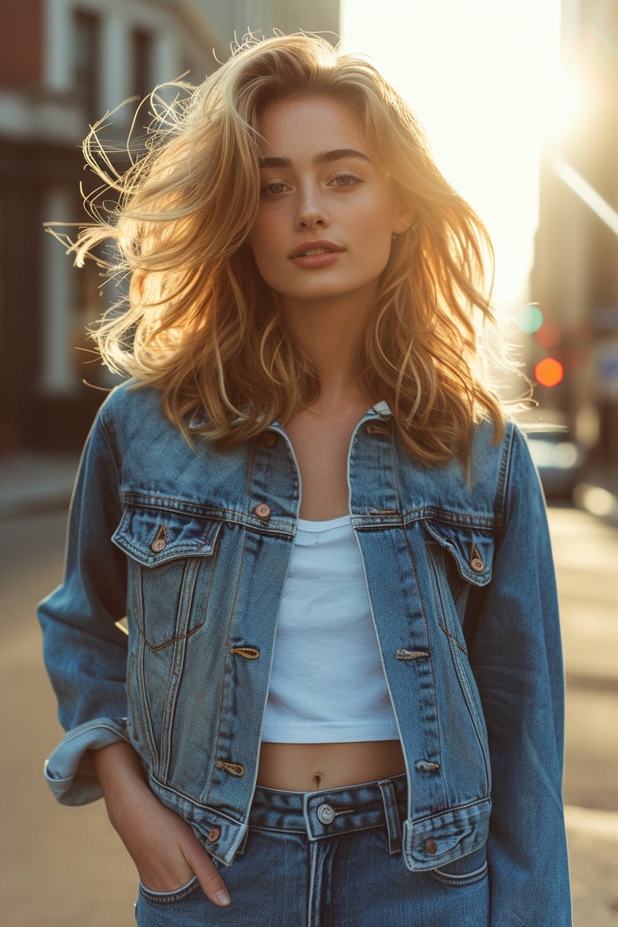 A young woman with wavy blonde hair, sporting a classic blue denim jacket and slim-fit jeans, standing on a quiet city street, golden hour.