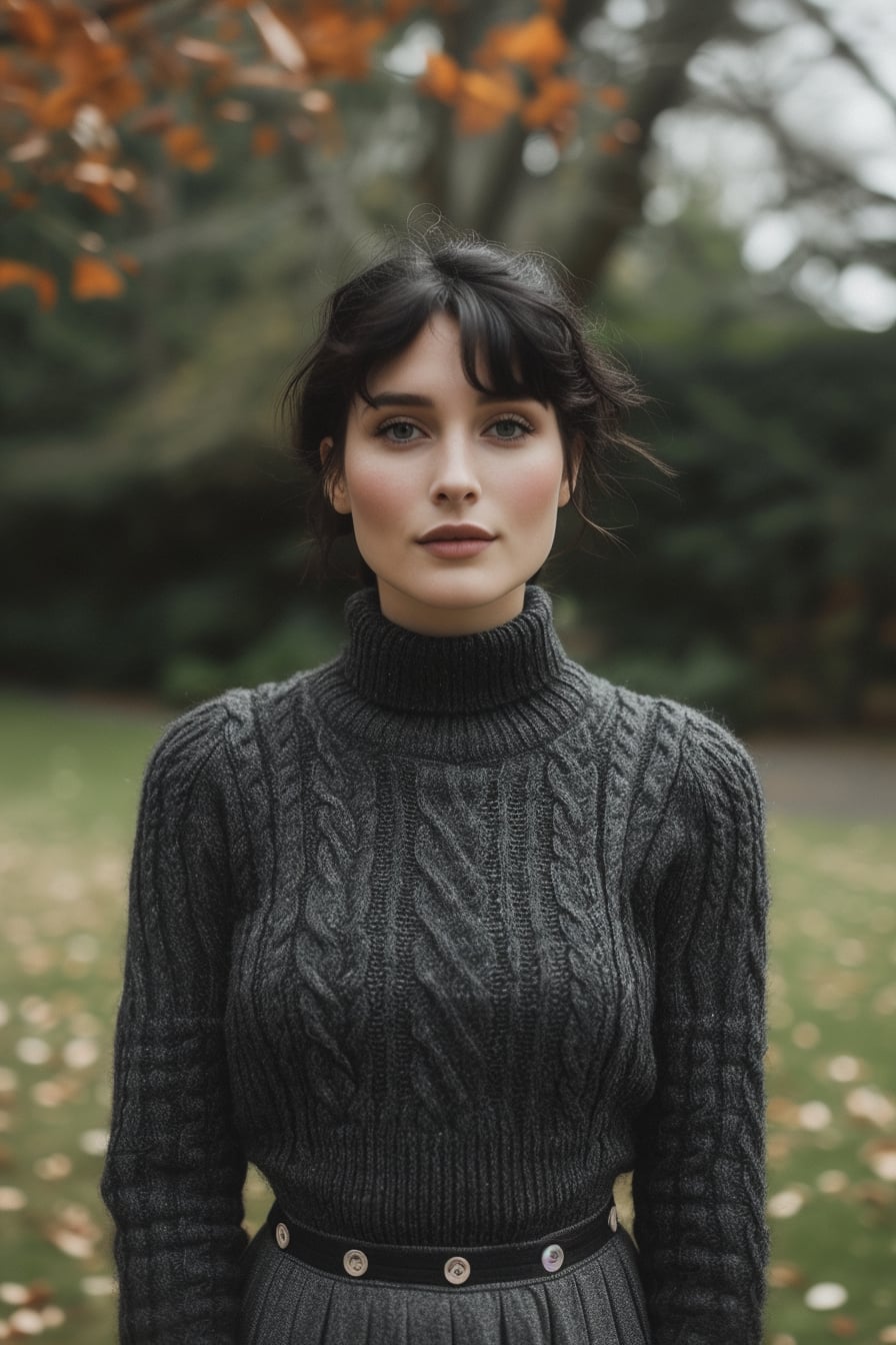 A young woman with short black hair, wearing a charcoal grey knit sweater and matching wool skirt, in a serene park setting, overcast day.