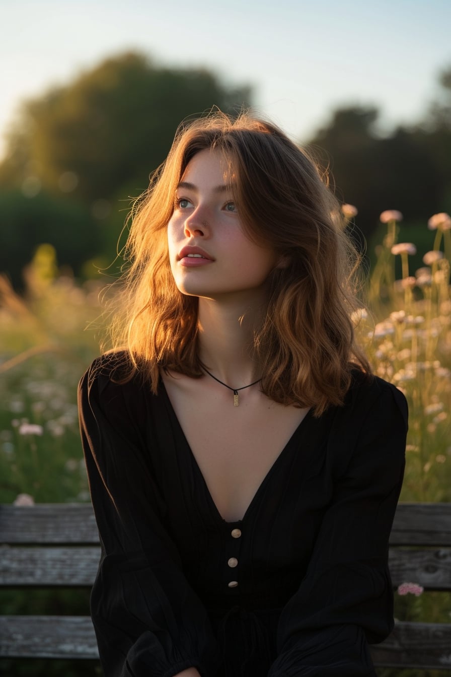 A young woman with loose curls, wearing a simple black midi dress, sitting on a bench in a tranquil garden, early evening.
