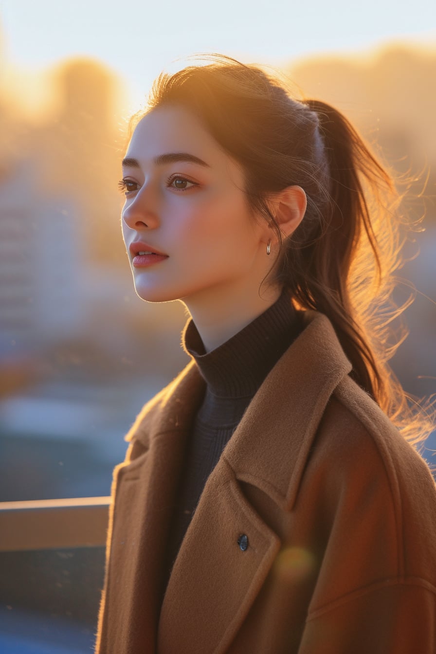 A young woman with a sleek ponytail, draped in a camel wool coat, standing against a soft-focus urban backdrop, late afternoon sunlight.