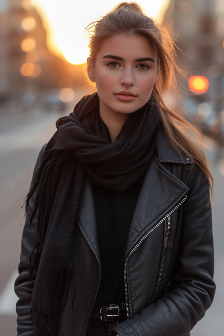 img of Effortless Edge: Rocking a Moto Jacket with Skinny Scarf Details