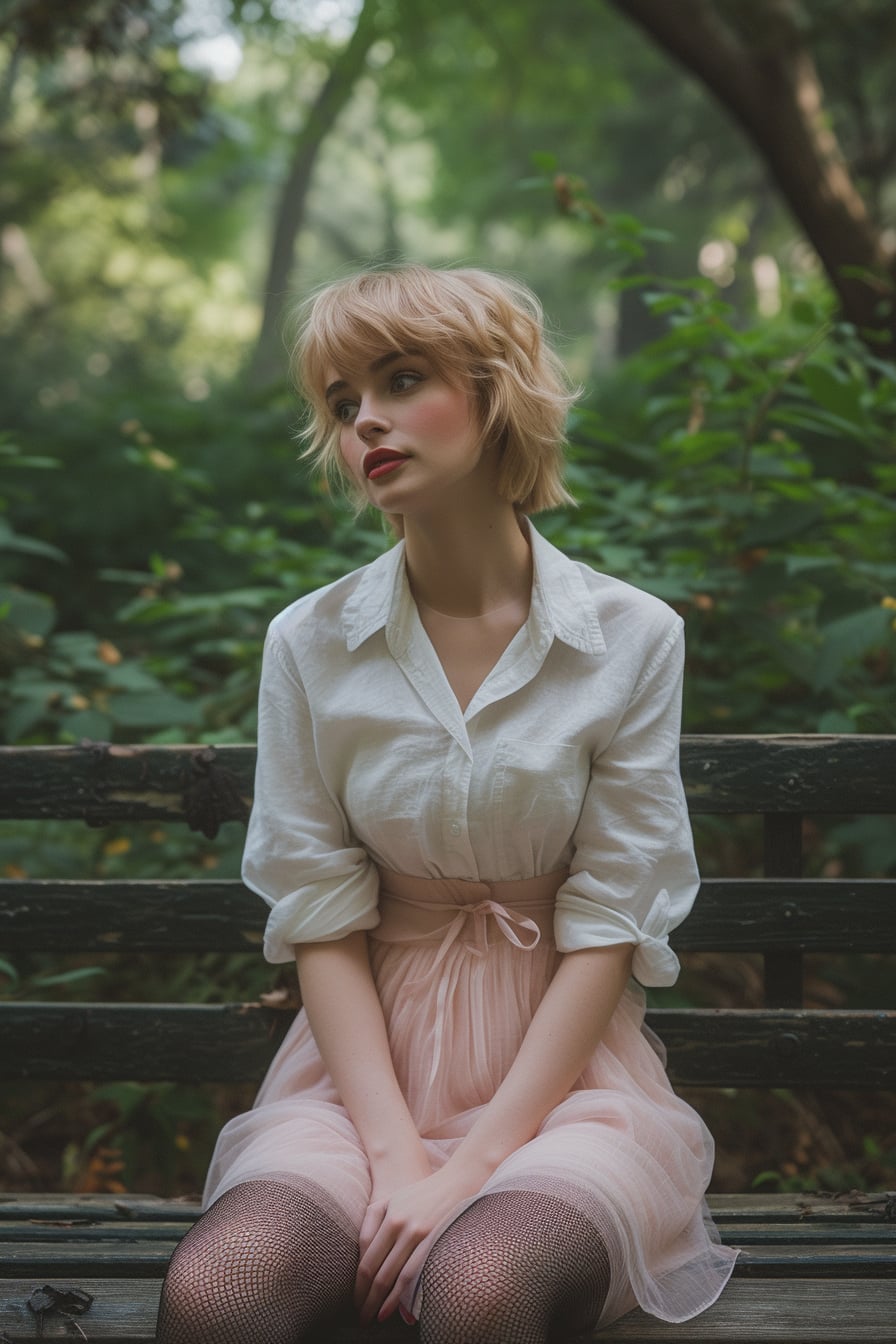  A young woman with short blonde hair, wearing fishnet tights, a pastel pink midi skirt, and a white button-down shirt, sitting on a park bench, surrounded by greenery, midday.