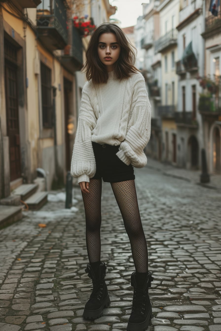  A young woman with wavy brunette hair, wearing black fishnet tights, a soft white oversized sweater, and chunky black boots, standing on a cobblestone street, early evening.