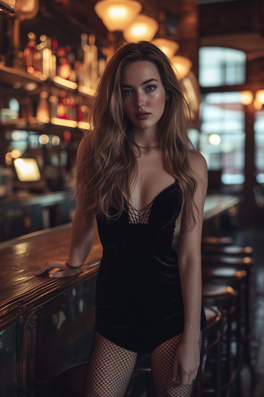  A young woman with long, flowing hair, wearing black fishnet tights, a velvet mini dress, and high heels, standing in a dimly lit, upscale bar.