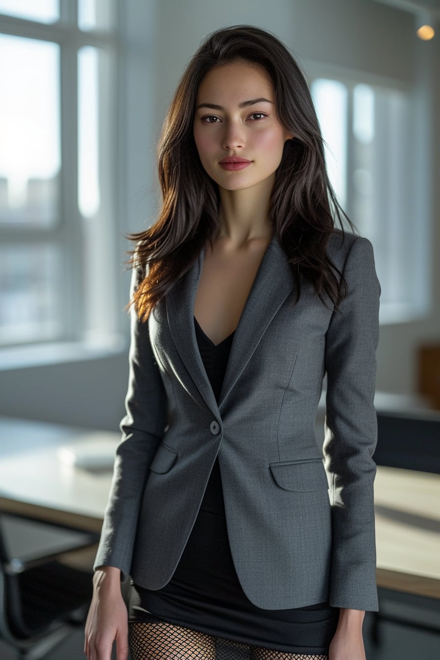  A young woman with sleek black hair, wearing subtle fishnet tights, a knee-length pencil skirt, and a fitted blazer, standing in a modern office environment, morning light filtering through large windows.