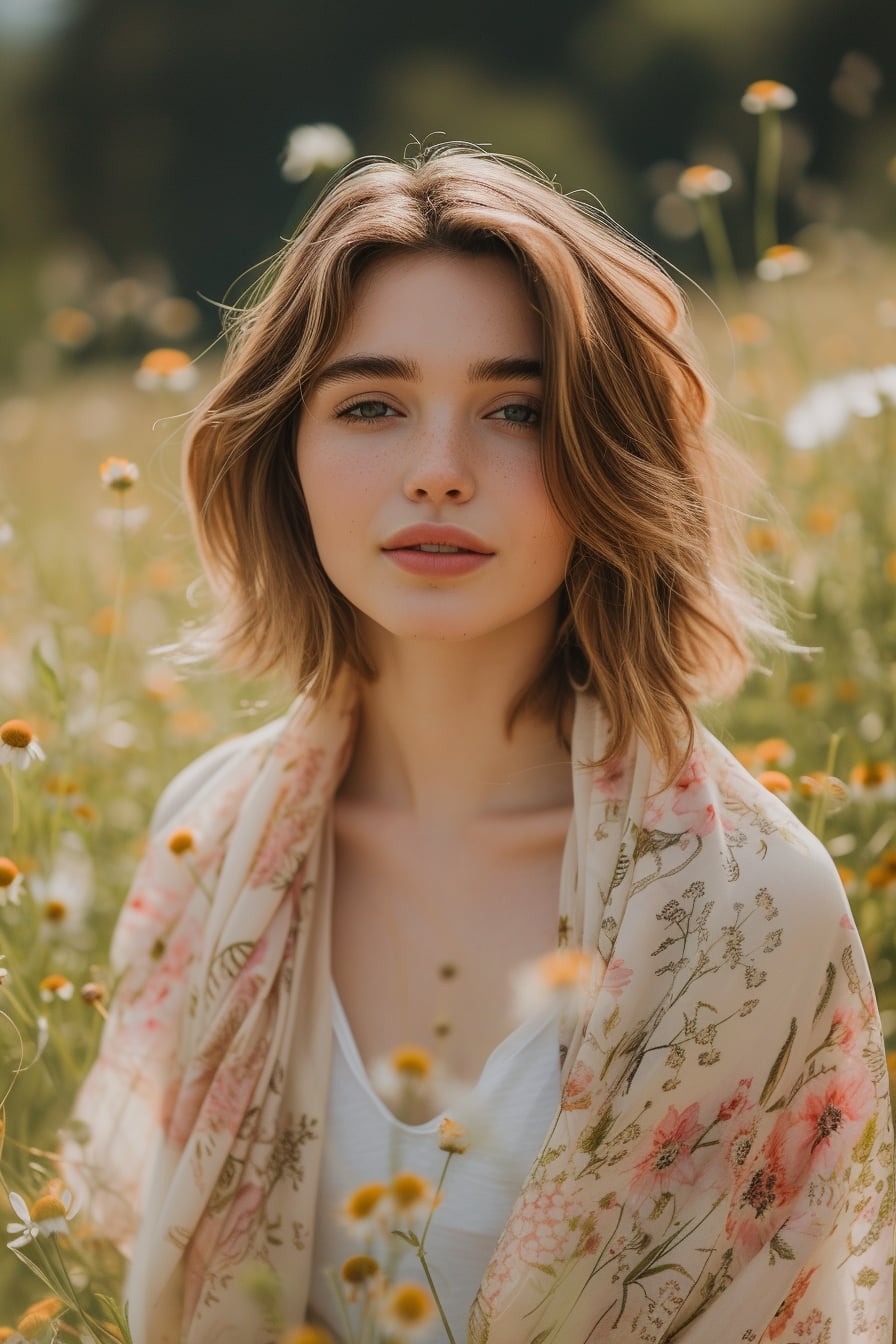 A young woman with soft waves in her hair, wearing a light, silk scarf with a floral pattern, draped loosely around her neck, over a simple white tee, standing in a blooming garden, morning light.